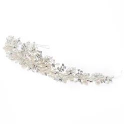Poirier Akazien Silber Kristall Blätter und Süßwasserperlen Tiara* Perlen-haarschmuck | Silberne Haar-accessoires