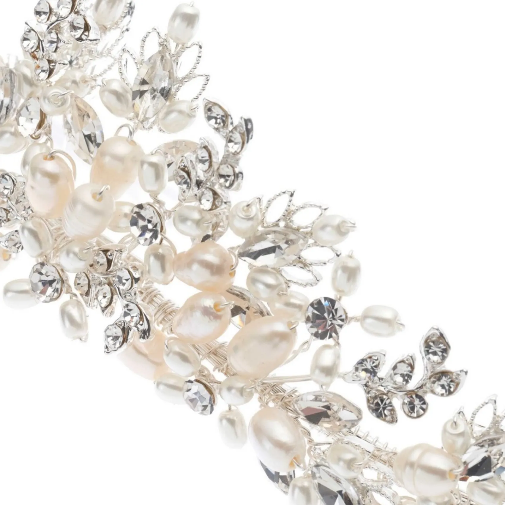 Poirier Akazien Silber Kristall Blätter und Süßwasserperlen Tiara* Perlen-haarschmuck | Silberne Haar-accessoires