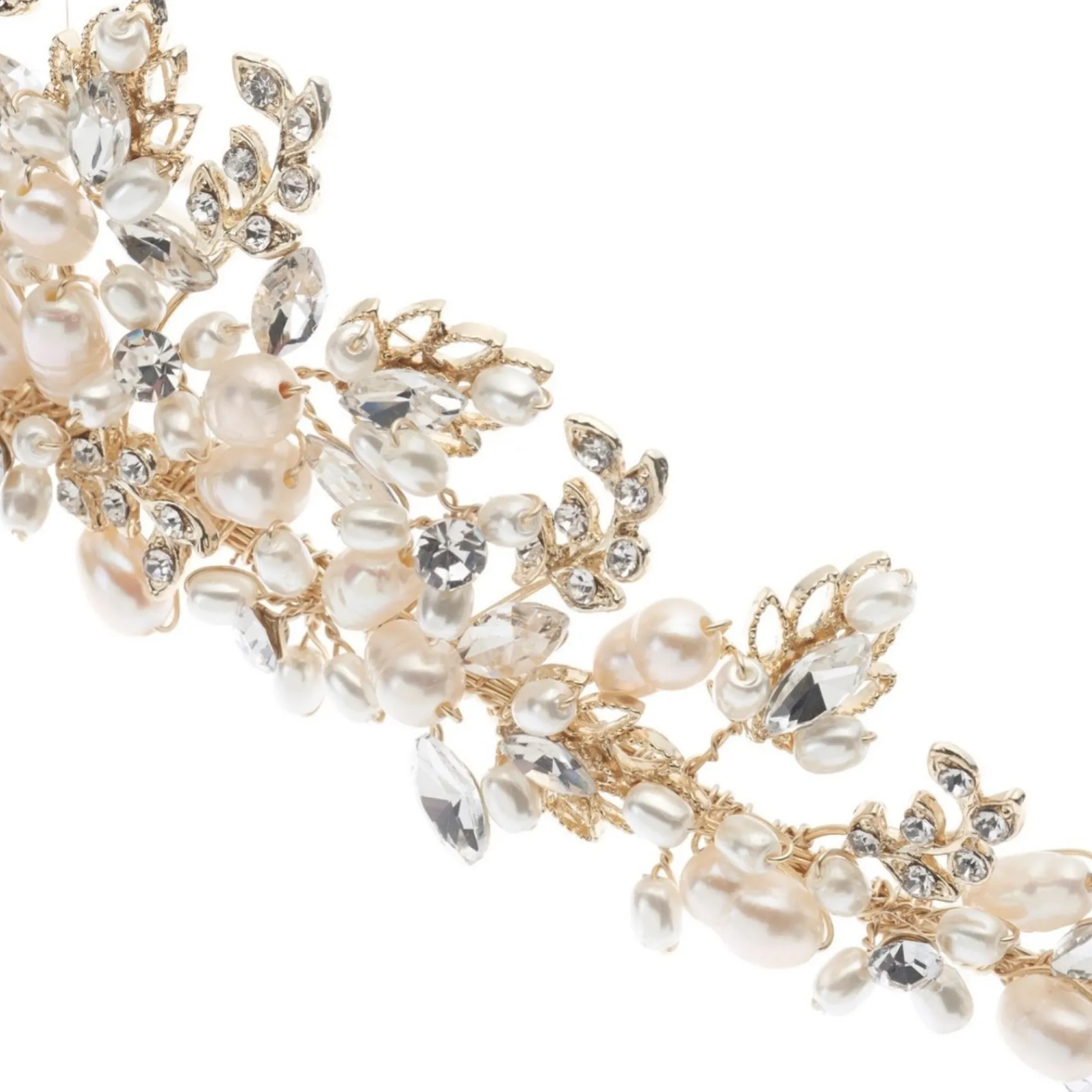 Poirier Akaziengold Kristall Blätter und Süßwasserperlen Tiara* Perlen-haarschmuck | Gold-haar-accessoires