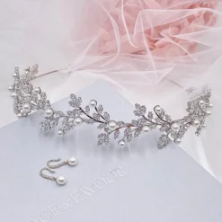 Lace & Favour Amalfi Crystal Blätter und Perle Hochzeit Stirnband* Perlen-haarschmuck | Silberne Haar-accessoires