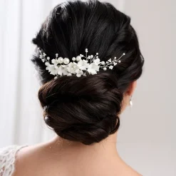 Lace & Favour Anemone Elfenbein Porzellan Blumen und Perle Hochzeit Haarkamm* Perlen-haarschmuck | Silberne Haar-accessoires
