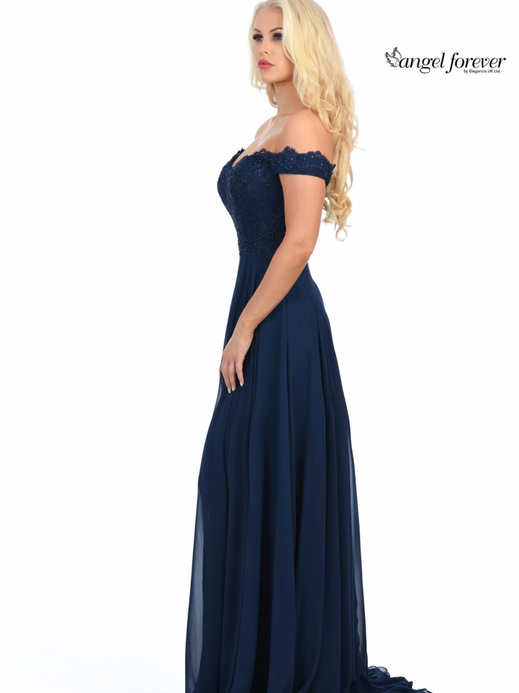 Angel Forever Schulterfreies Chiffon-Abschlussballkleid mit Spitzenmieder* Angel Forever Ballkleider | Marineblaue Ballkleider