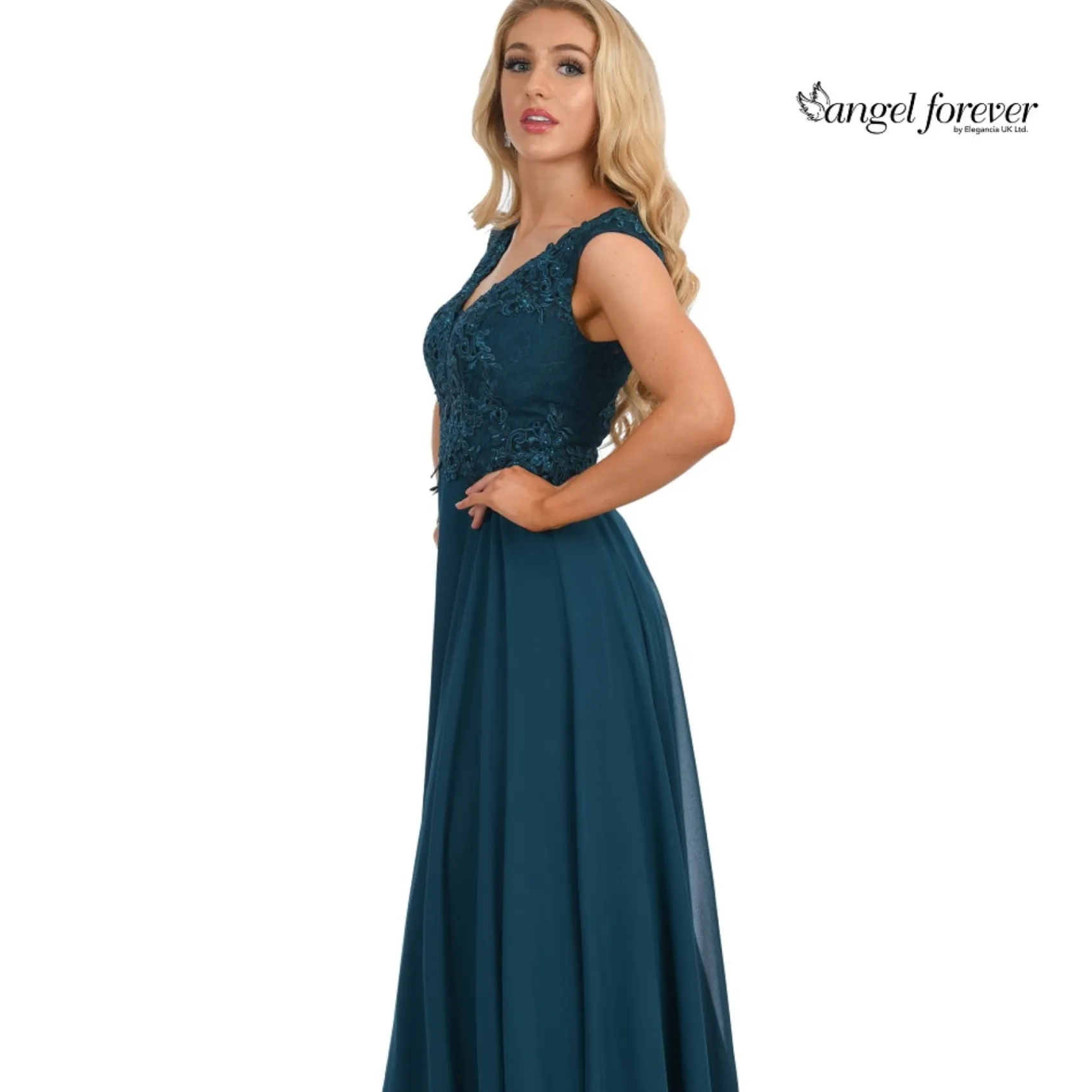 Angel Forever V-Ausschnitt A-Linie Chiffon-Abschlussballkleid mit Spitzen-Bodice (Teal)* Angel Forever Ballkleider | Blaugrüne Ballkleider