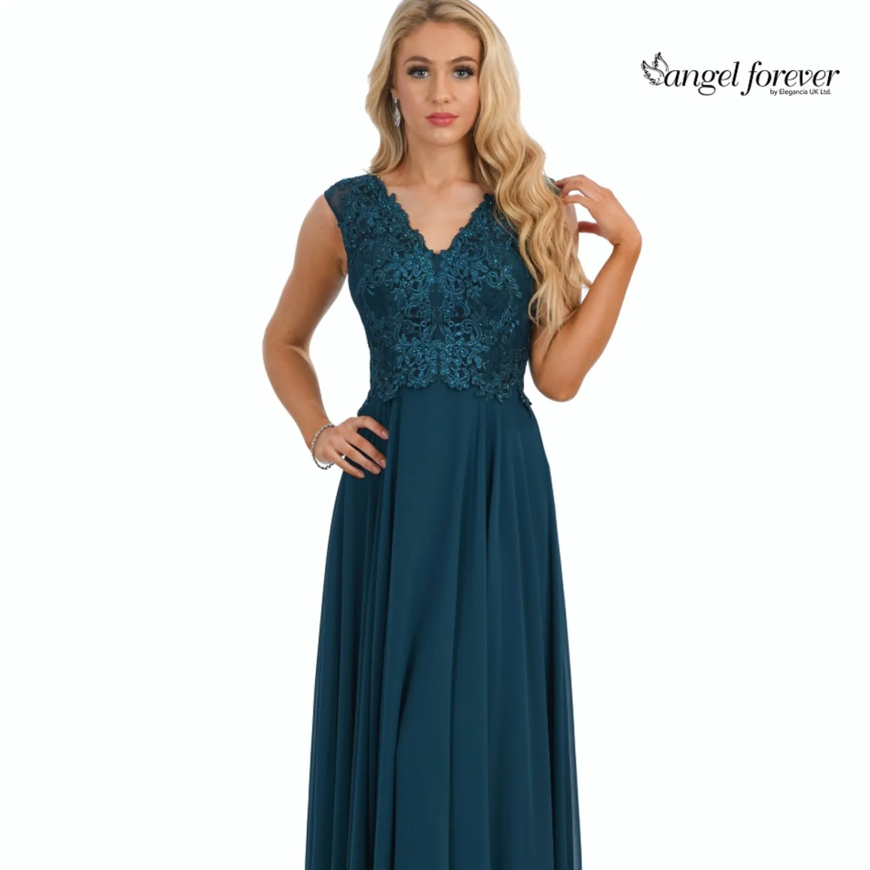Angel Forever V-Ausschnitt A-Linie Chiffon-Abschlussballkleid mit Spitzen-Bodice (Teal)* Angel Forever Ballkleider | Blaugrüne Ballkleider