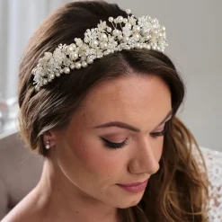 Arianna Charlie Statement Perle und Blumen Tiara AR803* Perlen-haarschmuck | Silberne Haar-accessoires