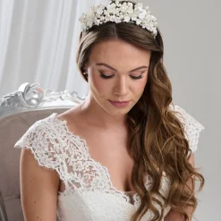 Arianna Statement-Perle und Blumen-Krone AR717* Perlen-haarschmuck | Silberne Haar-accessoires