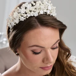 Arianna Statement-Perle und Blumen-Krone AR717* Perlen-haarschmuck | Silberne Haar-accessoires
