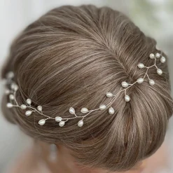 Lace & Favour Aruba lange zarte Perle Hochzeit Haarsträhne (Silber)* Perlen-haarschmuck | Silberne Haar-accessoires