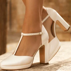 Avalia Shoes Avalia Coco Elfenbein Satin hohe Blockabsatz T-Bar Schuhe* Hochzeitsschuhe | Hochhackige Schuhe