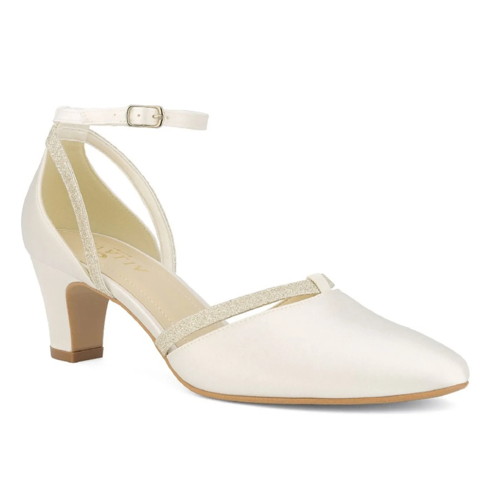 Avalia Shoes Avalia Luna Elfenbein Satin und Silber Glitter Knöchelriemen Schuhe* Hochzeitsschuhe | Schuhe Mit Niedrigem Absatz