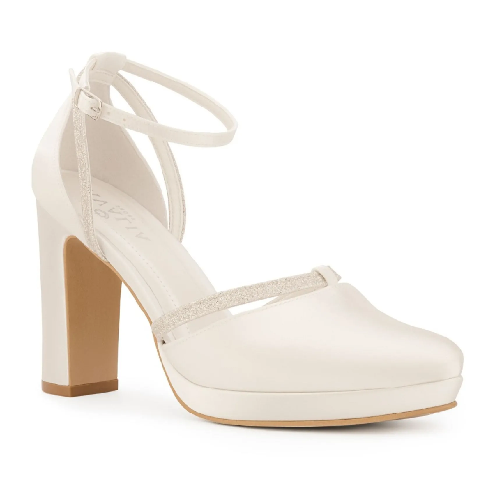 Avalia Shoes Avalia Mary Elfenbein Satin und Silber Glitter Blockabsatz Knöchelriemen Schuhe* Hochzeitsschuhe | Hochhackige Schuhe