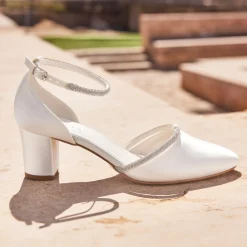 Avalia Shoes Avalia Nel Elfenbein Satin und Diamanten Knöchelriemen Mid Block Heels* Glitzernde Ballschuhe | Silberne Ballschuhe