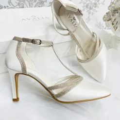 Avalia Shoes Avalia Wilma Elfenbein Satin und Silber Glitter T-Bar Schuhe* Hochzeitsschuhe | Hochhackige Schuhe