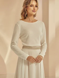 Bianco Evento Bianco Elfenbein gestrickt Spitze V zurück lange Ärmel Braut Pullover E344* Brautjacken & Strickjacken