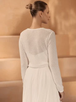 Bianco Evento Bianco Elfenbein gestrickt lange Ärmel Krawatte vorne Strickjacke E433* Brautjacken & Strickjacken