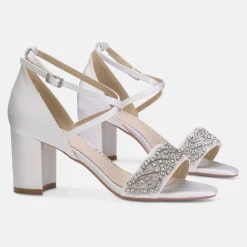Perfect Bridal Blair Elfenbein Satin Kristall verschönert Blockabsatz Sandalen Weit Fit* Schuhe Mit Mittlerem Absatz | Hochzeitsschuhe
