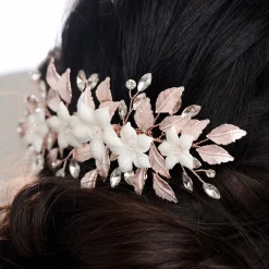 Lace & Favour Blaze Keramik Blumen und Rose Gold Leaves Haarkamm* Haarschmuck Aus Kristall | Haarschmuck In Roségold