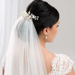 Lace & Favour Blossom Porzellan Blumen und Blush Perlen Hochzeit Haarkamm* Perlen-haarschmuck | Silberne Haar-accessoires