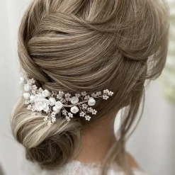 Lace & Favour Blossom Porzellan Blumen und Blush Perlen Hochzeit Haarkamm* Perlen-haarschmuck | Silberne Haar-accessoires