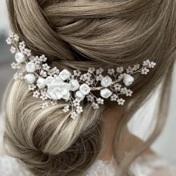 Lace & Favour Blossom Porzellan Blumen und Blush Perlen Hochzeit Haarkamm* Perlen-haarschmuck | Silberne Haar-accessoires