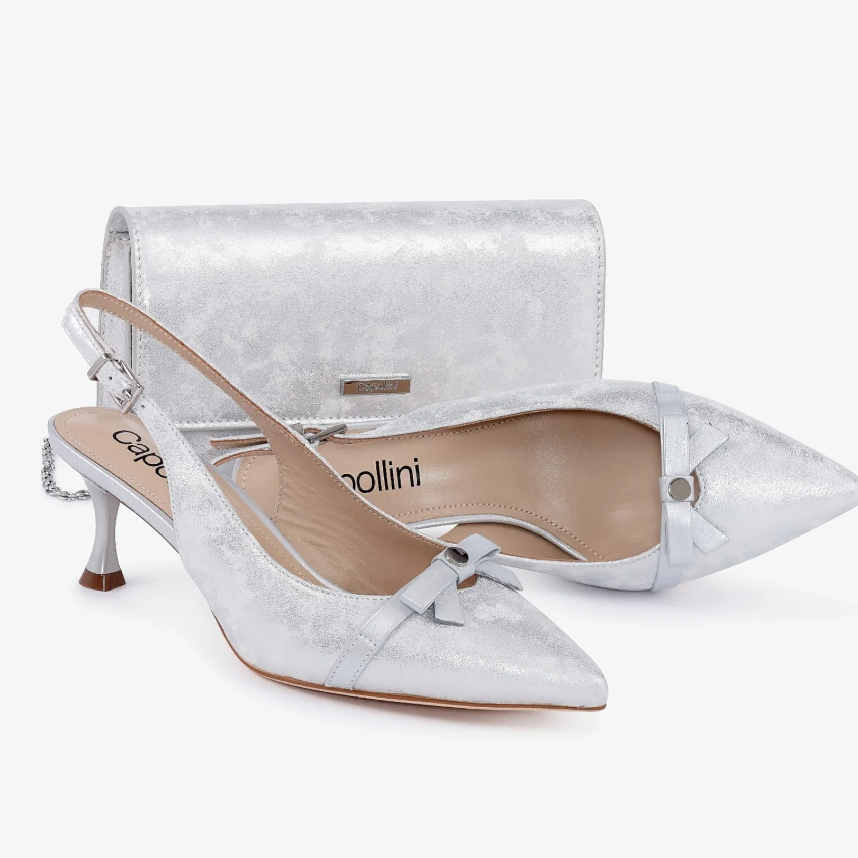 Capollini Allegra Silberne Nubukleder Slingback Heels mit Schleifendetail* Schuhe Für Hochzeitsgäste | Schuhe Für Die Mutter Der Braut