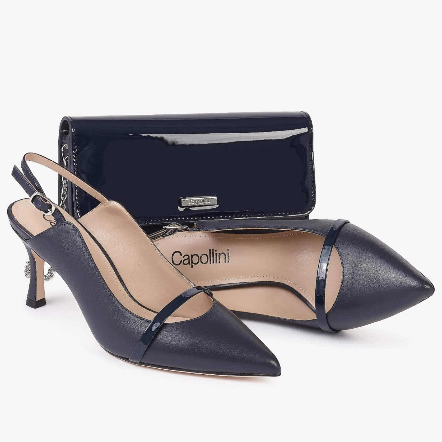 Capollini Emory Navy Leder Slingbacks mit mittlerem Absatz und Lackband* Schuhe Für Hochzeitsgäste | Schuhe Für Die Mutter Der Braut