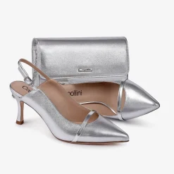 Capollini Emory Silberne Leder Slingbacks mit mittlerem Absatz und Patentriemen* Schuhe Für Hochzeitsgäste | Schuhe Für Die Mutter Der Braut