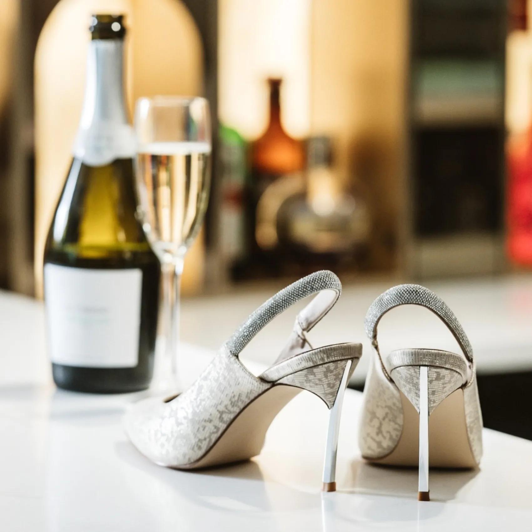 Capollini Sophia Champagner Nubukleder Diamante Slingback Stilettos* Glitzernde Ballschuhe | Goldene Ballschuhe