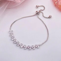 Lace & Favour Dotty Silver Crystal Leaves Verstellbares Armband* Silberner Abschlussball-schmuck | Prom Armbänder