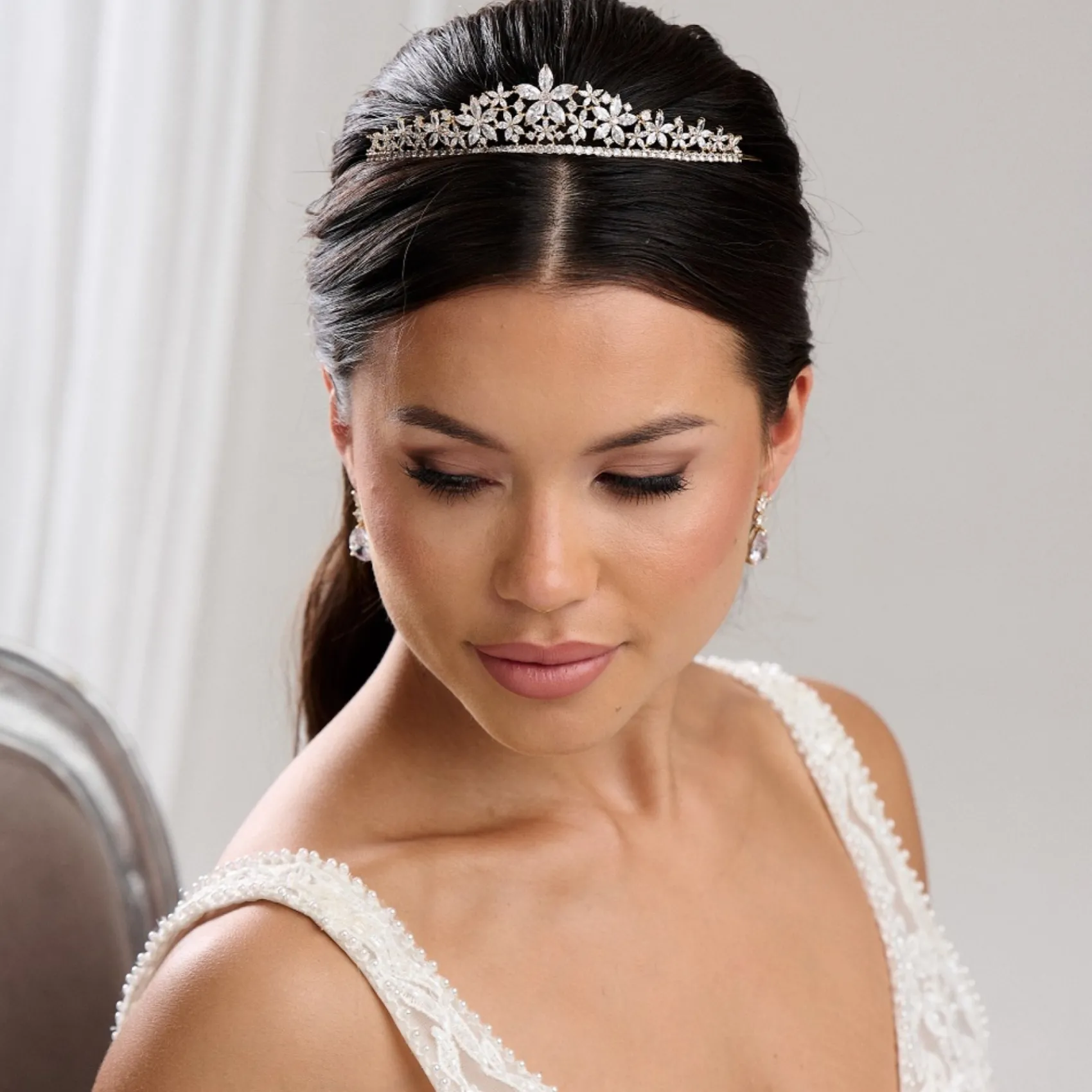 Lace & Favour Downton Gold Floral Cubic Zirkonia Kristall Hochzeit Tiara* Abschlussball-haarbänder & Tiaras | Haarschmuck Aus Kristall