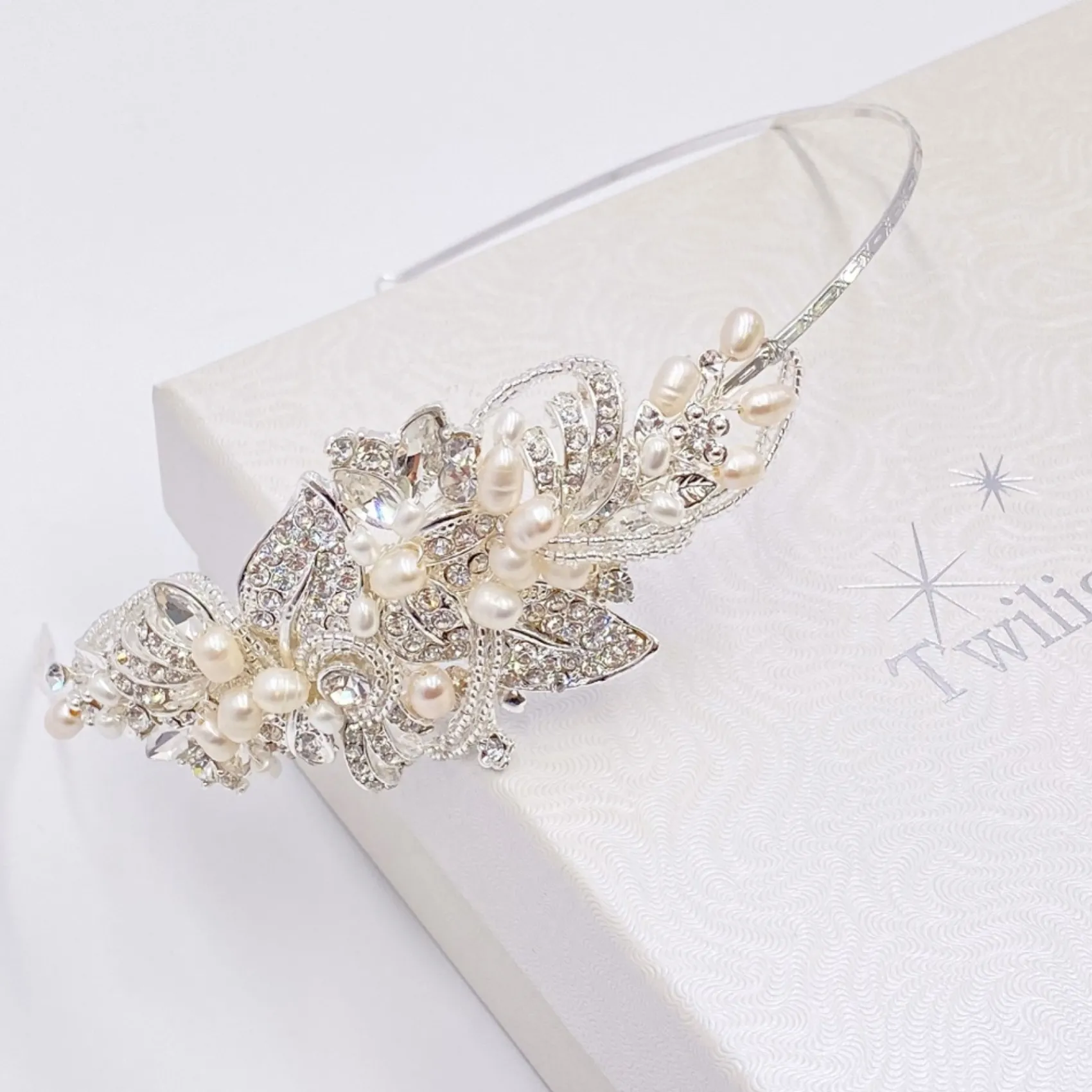 Twilight Designs Edith Vintage Perle und Diamanten Braut Seite Stirnband* Vintage-kopfbedeckungen | Perlen-haarschmuck