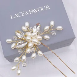 Lace & Favour Ellie Perlencluster und Kristall Hochzeits-Haarnadel (Gold)* Perlen-haarschmuck | Gold-haar-accessoires