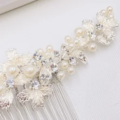 Twilight Designs Ellis Zierlicher Haarkamm mit Silberblättern und Perlen* Perlen-haarschmuck | Silberne Haar-accessoires