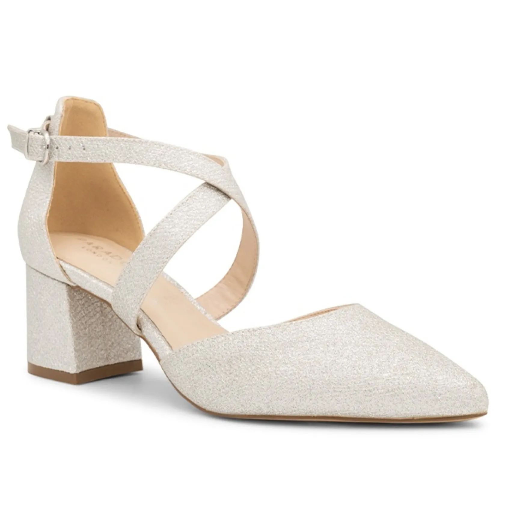 Paradox London Farrah Silver Glitter Wide Fit Cross Strap Block Heels* Glitzernde Ballschuhe | Silberne Ballschuhe