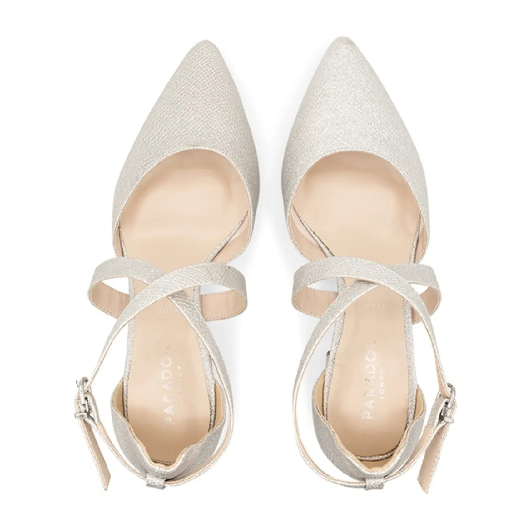 Paradox London Farrah Silver Glitter Wide Fit Cross Strap Block Heels* Glitzernde Ballschuhe | Silberne Ballschuhe