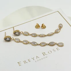 Freya Rose Lange Tropfenohrringe mit ovalem Kristall und goldenem Rahmen* Goldener Abschlussball-schmuck | Abschlussball-ohrringe