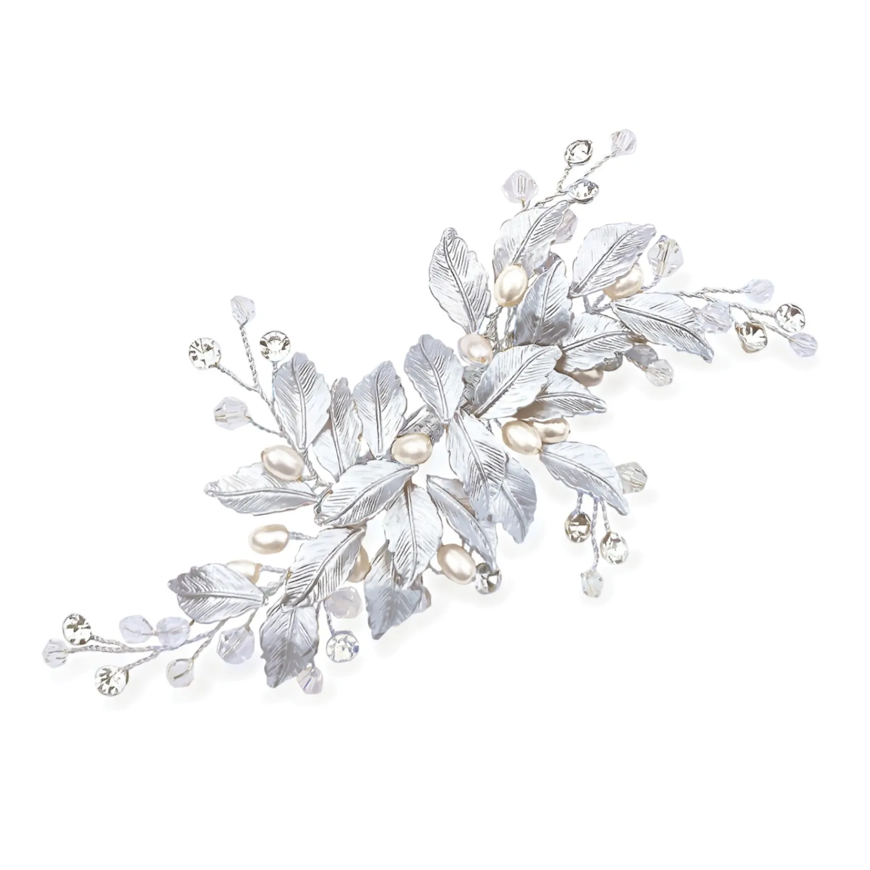 Ivory & Co Ivory and Co Fairydust Silber emaillierte Blätter Hochzeit Haarspange* Perlen-haarschmuck | Silberne Haar-accessoires