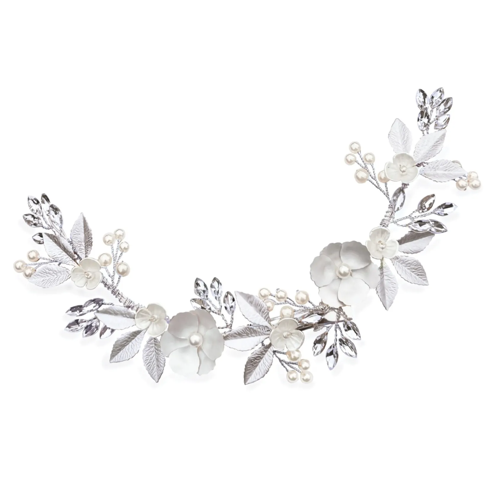 Ivory & Co Ivory and Co Silber Blüte Kristall und Perle Blumen Halbmond Haarspange* Perlen-haarschmuck | Silberne Haar-accessoires