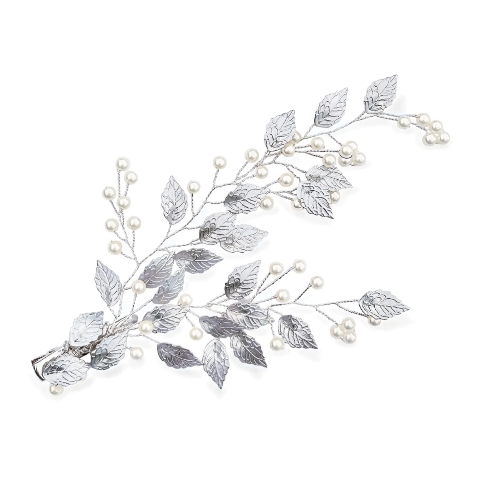 Ivory & Co Ivory and Co Summer Breeze Silber emaillierte Blatt und Perle Sprig Clip* Perlen-haarschmuck | Silberne Haar-accessoires