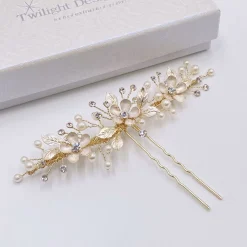 Twilight Designs Jen Gold Blumen und Blätter Haarnadel* Perlen-haarschmuck | Gold-haar-accessoires