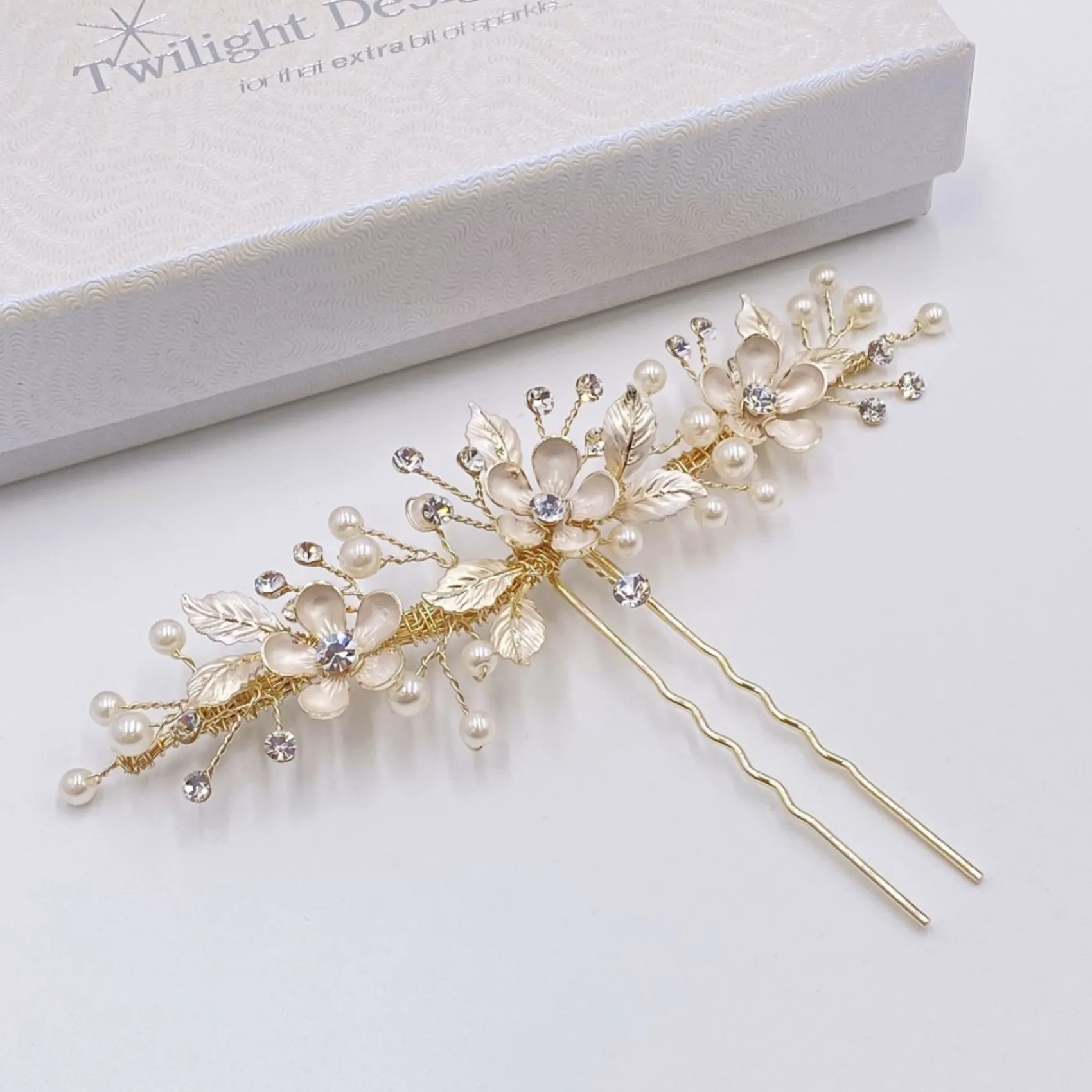 Twilight Designs Jen Gold Blumen und Blätter Haarnadel* Perlen-haarschmuck | Gold-haar-accessoires
