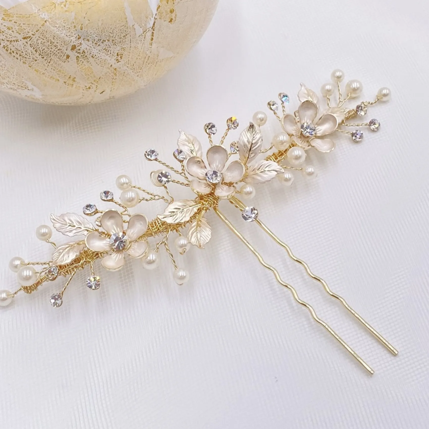 Twilight Designs Jen Gold Blumen und Blätter Haarnadel* Perlen-haarschmuck | Gold-haar-accessoires