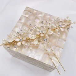 Twilight Designs Jen Gold Blumen und Blätter Haarnadel* Perlen-haarschmuck | Gold-haar-accessoires