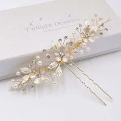 Twilight Designs Jen Gold Blumen und Blätter Haarnadel* Perlen-haarschmuck | Gold-haar-accessoires