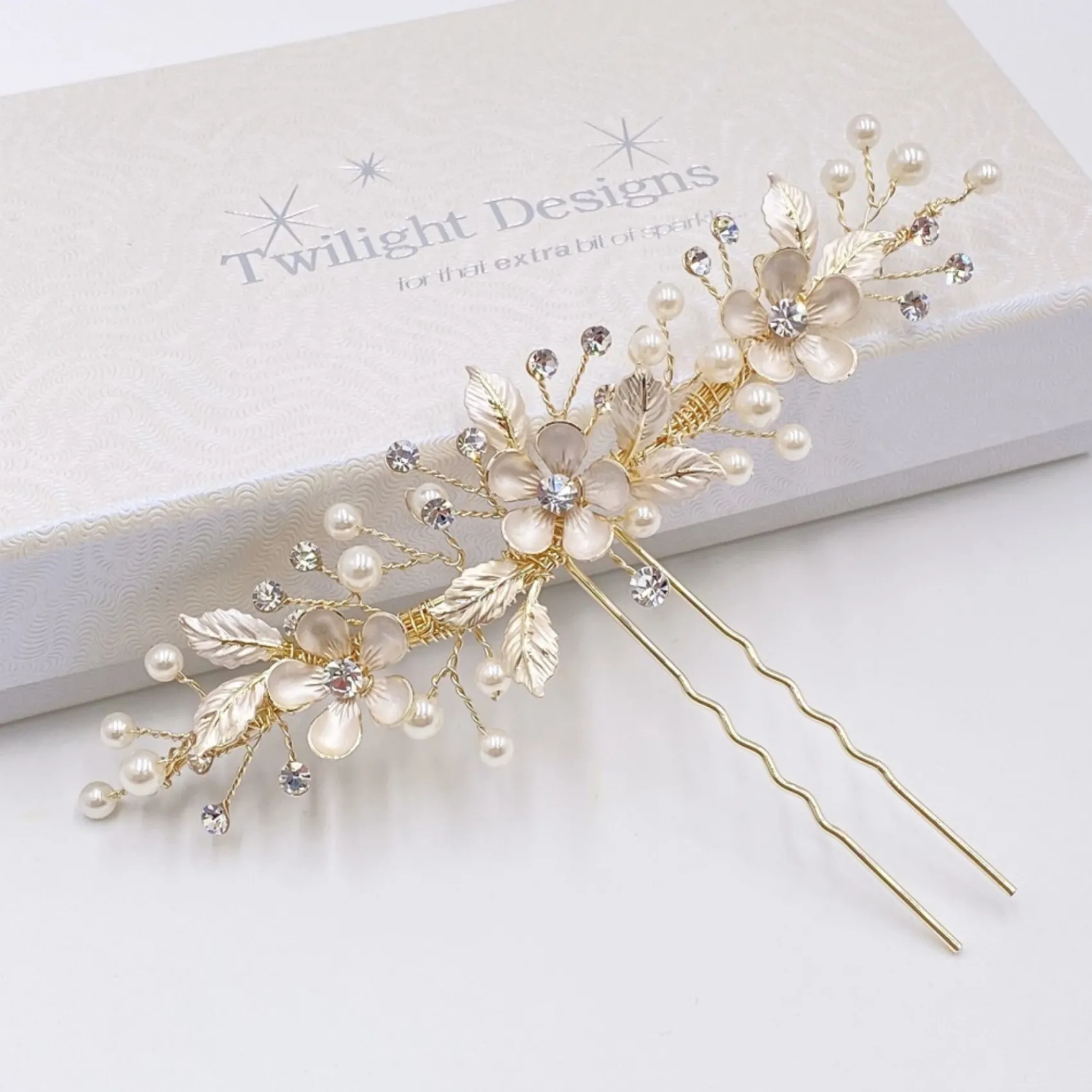 Twilight Designs Jen Gold Blumen und Blätter Haarnadel* Perlen-haarschmuck | Gold-haar-accessoires