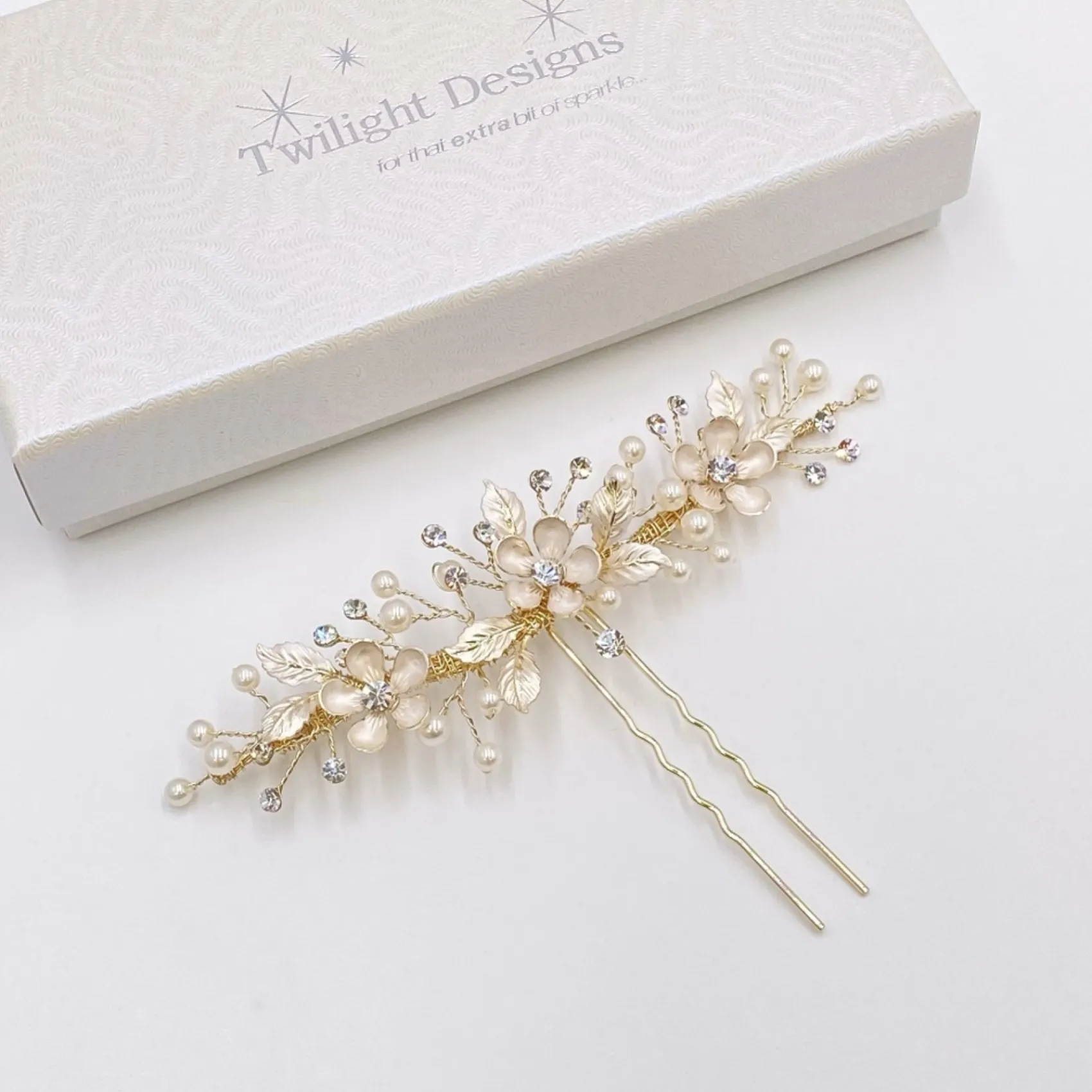 Twilight Designs Jen Gold Blumen und Blätter Haarnadel* Perlen-haarschmuck | Gold-haar-accessoires