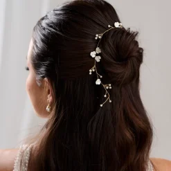 Lace & Favour Letisha Elfenbein Blumen und Perlen Zweige Hochzeit Haarsträhne (Gold)* Perlen-haarschmuck | Gold-haar-accessoires