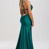 Linzi Jay Cowl Neck Rückenfreies Stretch Satin Ballkleid mit Schleppe* Linzi Jay Prom Dresses | Blaugrüne Ballkleider