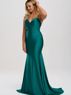 Linzi Jay Cowl Neck Rückenfreies Stretch Satin Ballkleid mit Schleppe* Linzi Jay Prom Dresses | Blaugrüne Ballkleider