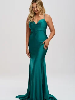 Linzi Jay Cowl Neck Rückenfreies Stretch Satin Ballkleid mit Schleppe* Linzi Jay Prom Dresses | Blaugrüne Ballkleider